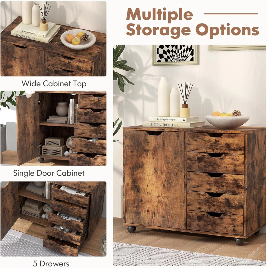 Cassettiera Ufficio con 5 Cassetti, Schedario Portadocumenti con Ruote Universali e Ripaini Regolabili, Mobile Porta Stampante in Legno per Studio, Camera da Letto, 79x39x65 cm (Marrone)