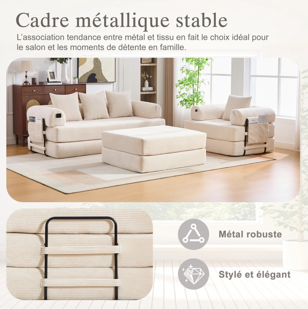 Divano modulare in velluto a coste beige con struttura in metallo e tasca laterale