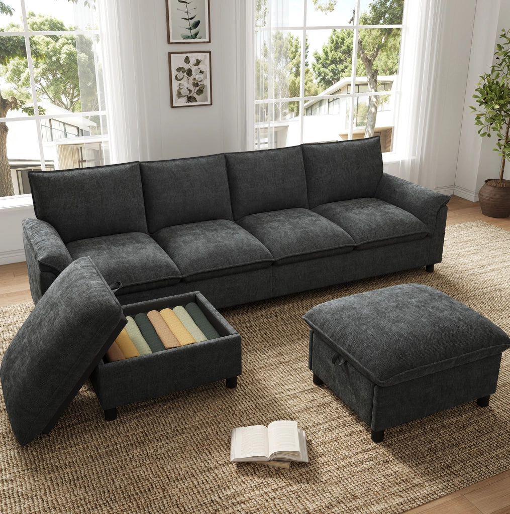 Divano in ciniglia nero con 2 pouf mobili, 264,5×142,5×84 cm
