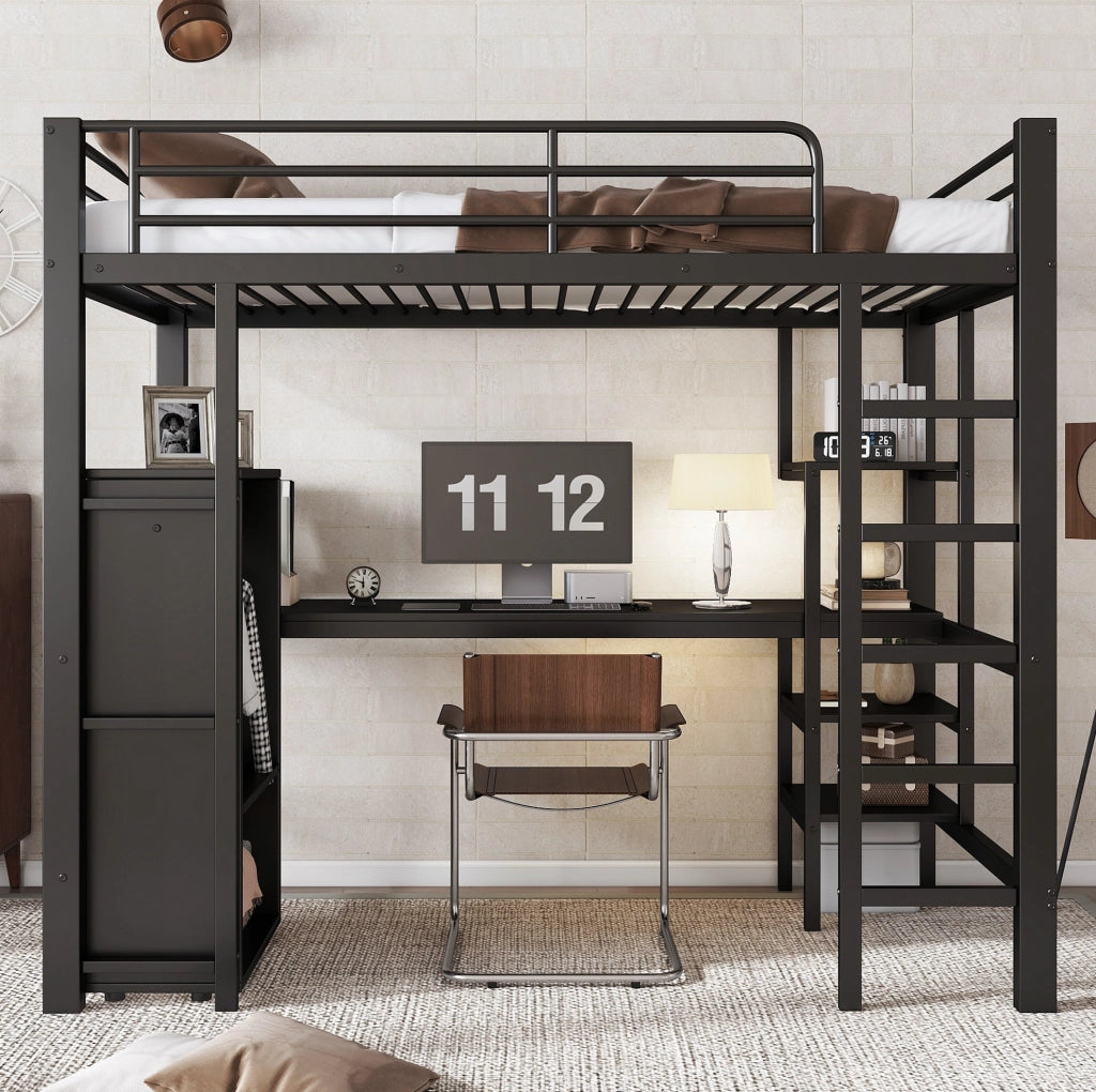 Letto a castello 90x200 cm con scrivania e armadio in metallo nero