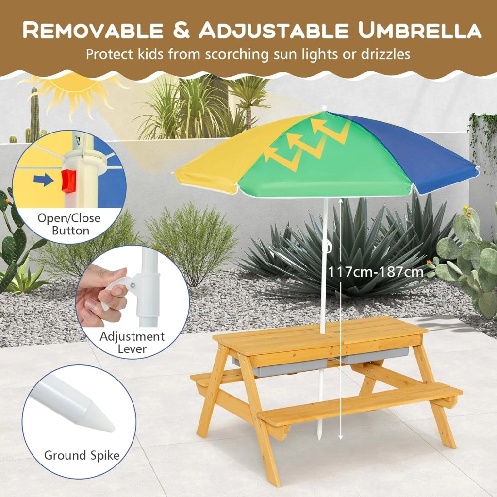 3-in-1 Set Tavolo Picnic per Bambini, con Ombrellone Regolabile e 2 Vaschette da Gioco, Panche per Bambini in Legno di Abete, Giochi Esterno da Giardino e Parco, 187 cm (Verde + Bianco + Blu)
