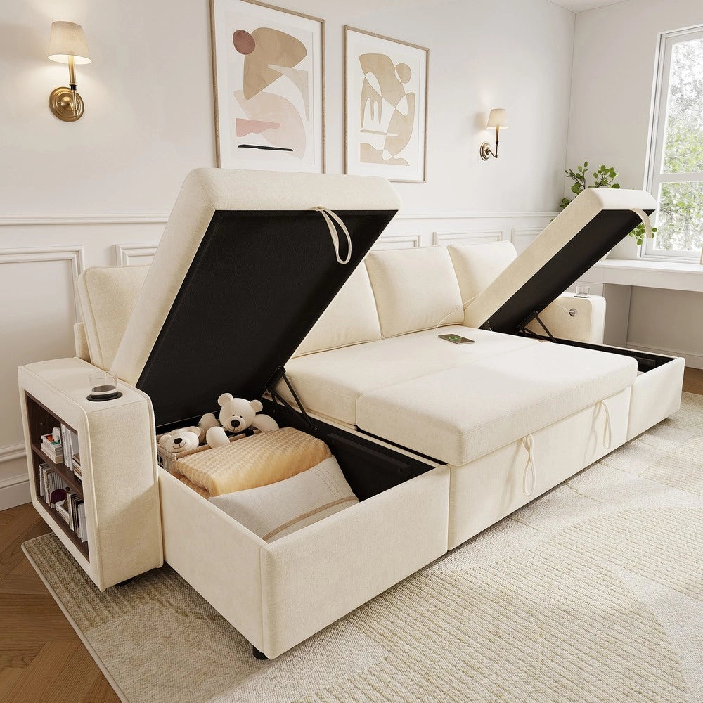 Divano Angolare U con Funzione Letto, Contenitore, Dormeuse e USB ¨C Xylo ¨C Beige