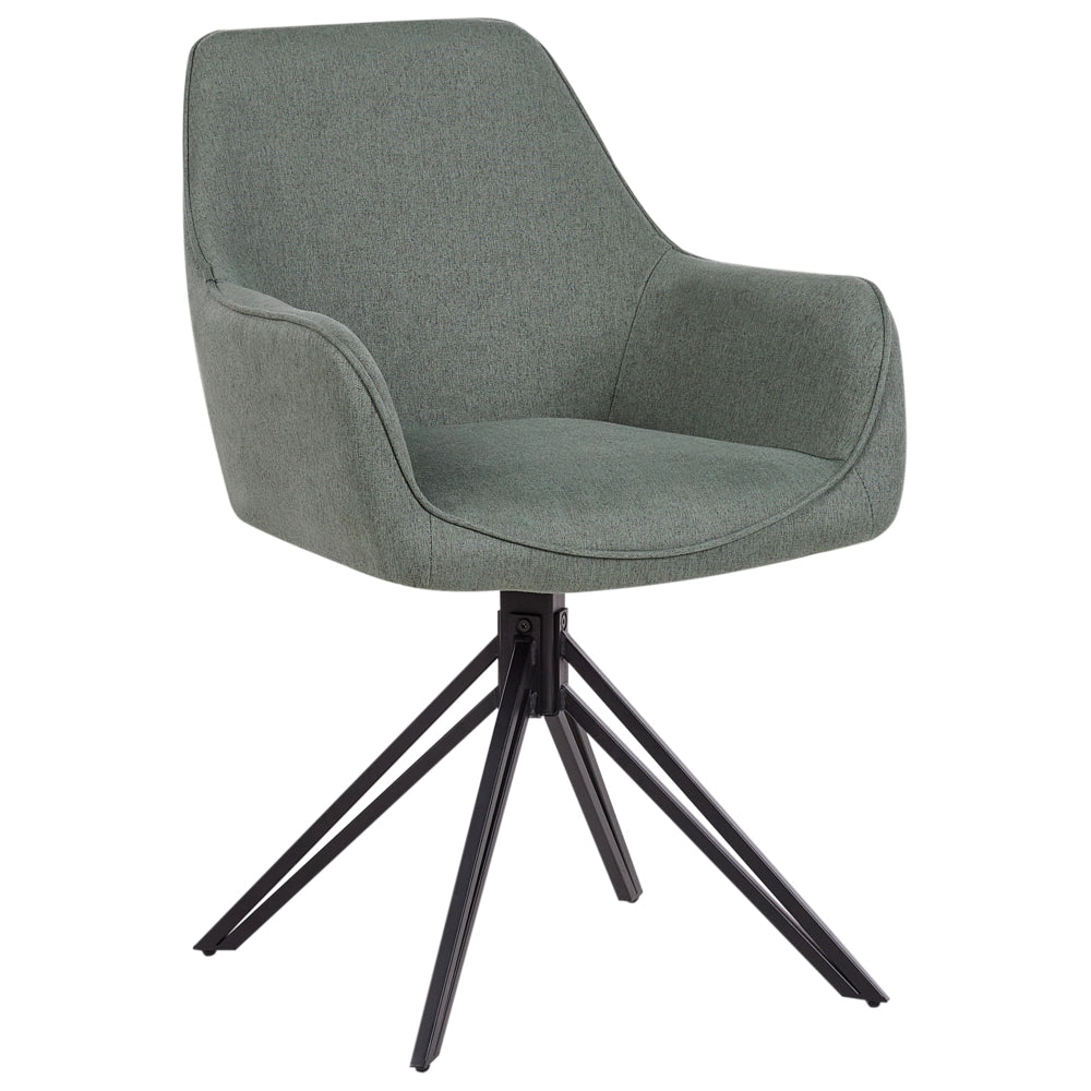 Set di 2 sedie da pranzo girevoli in tessuto verde scuro con braccioli e schienale in metallo nero con gambe in stile retrò