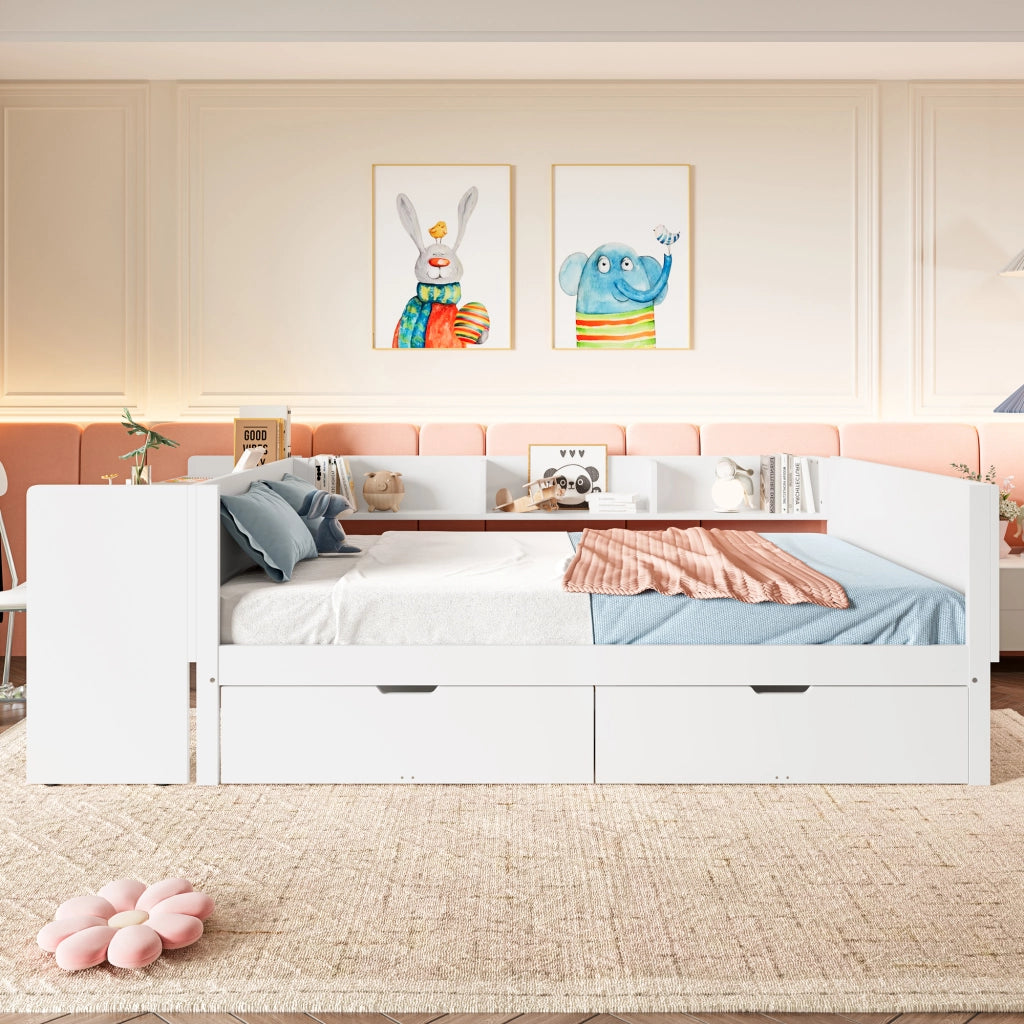 LETTO matrimoniale 140x200 cm bianco in pino, con scrivania, cassetti e ripiani
