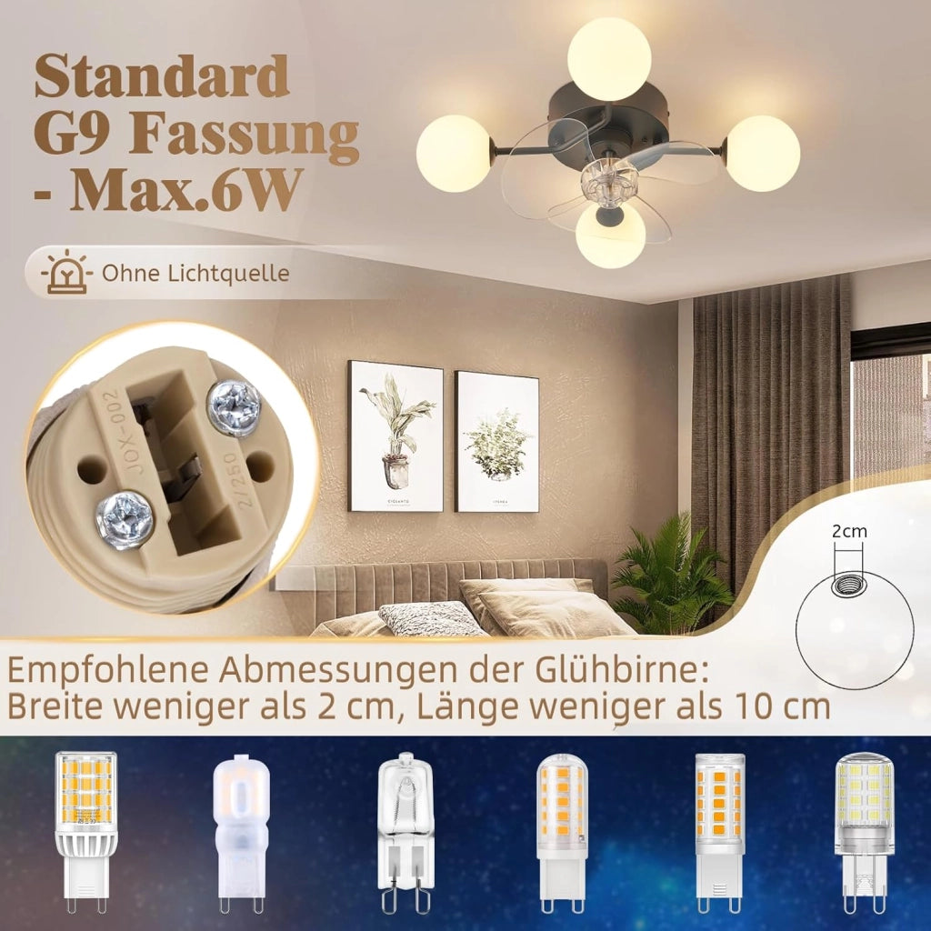 ZMH Ventilatore da Soffitto Silenzioso G9 con Luce Telecomando 6 Velocità per Sala da Pranzo Lampadina Non Inclusa