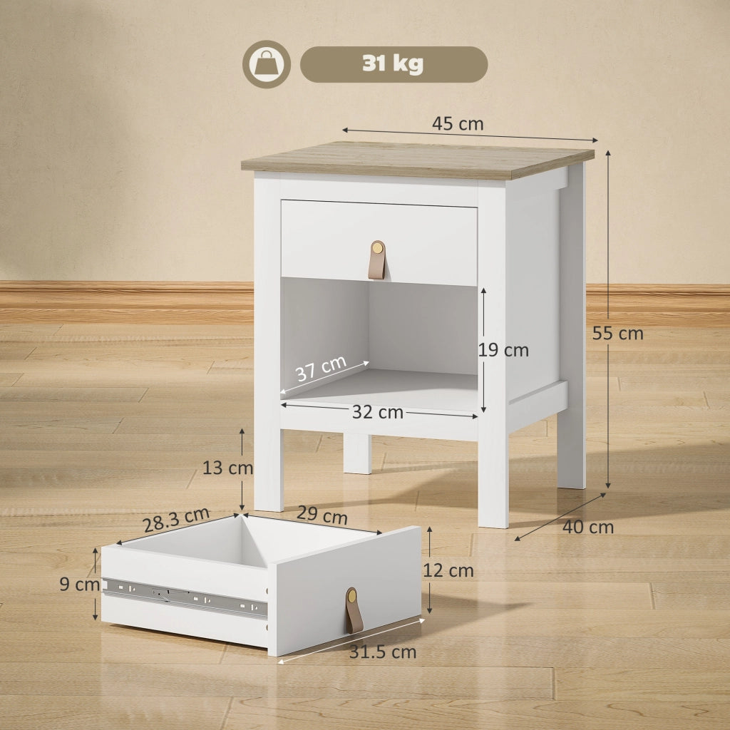 Set 2 Comodini con Cassetto e Ripiano Aperto 45x40x55 cm in Legno Bianco e Rovere