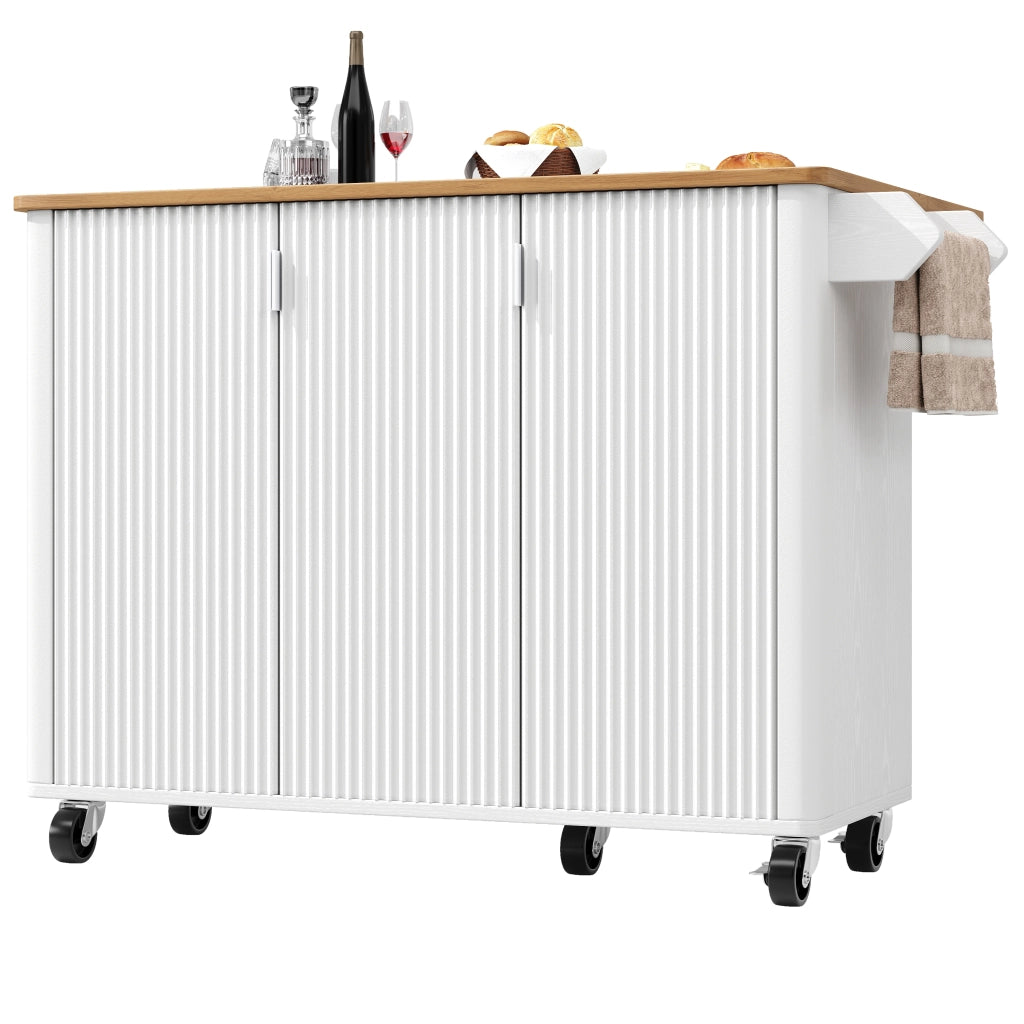 Isola da cucina mobile con 3 ante, piano pieghevole, 130x45(75)x92 cm, bianca