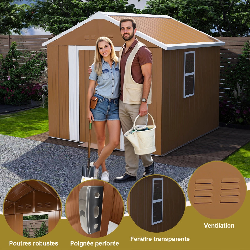 Casetta da giardino in metallo con doppia porta scorrevole, aerazione e tetto a due falde marrone 180 × 96 × 194 cm
