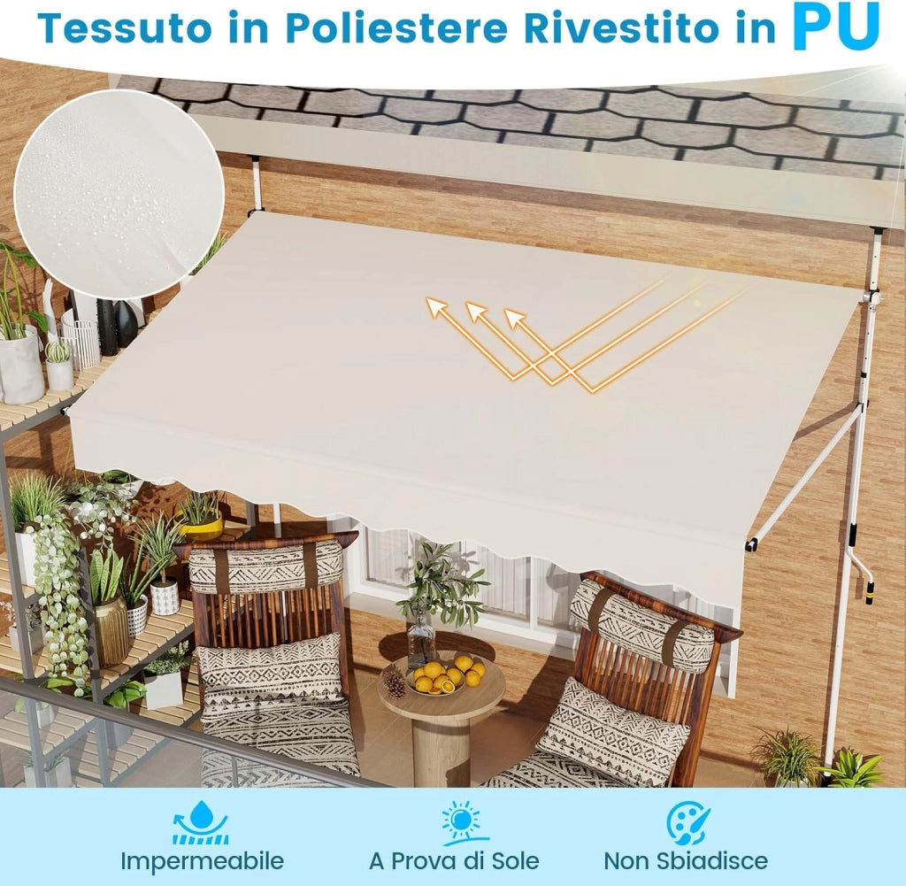Tenda da Sole a Morsetto, Tenda per Balcone Senza Foratura Altezza e Inclinazione Regolabili con Manovella, Telo Impermeabile e Resistente ai Raggi Solari e Telaio Antiruggine (2,5M,Bianco)