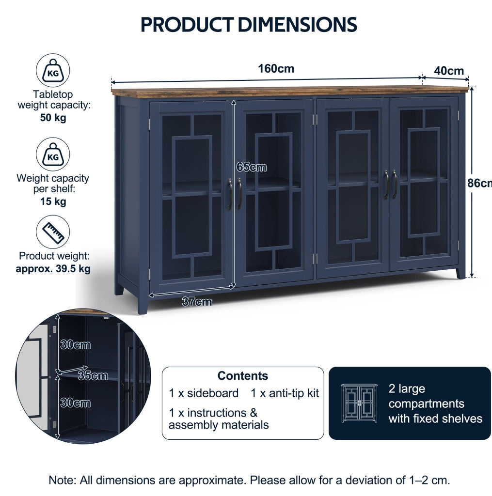 Credenza cucina 160x40x86 cm con ante in vetro; ampia capacità; MDF blu