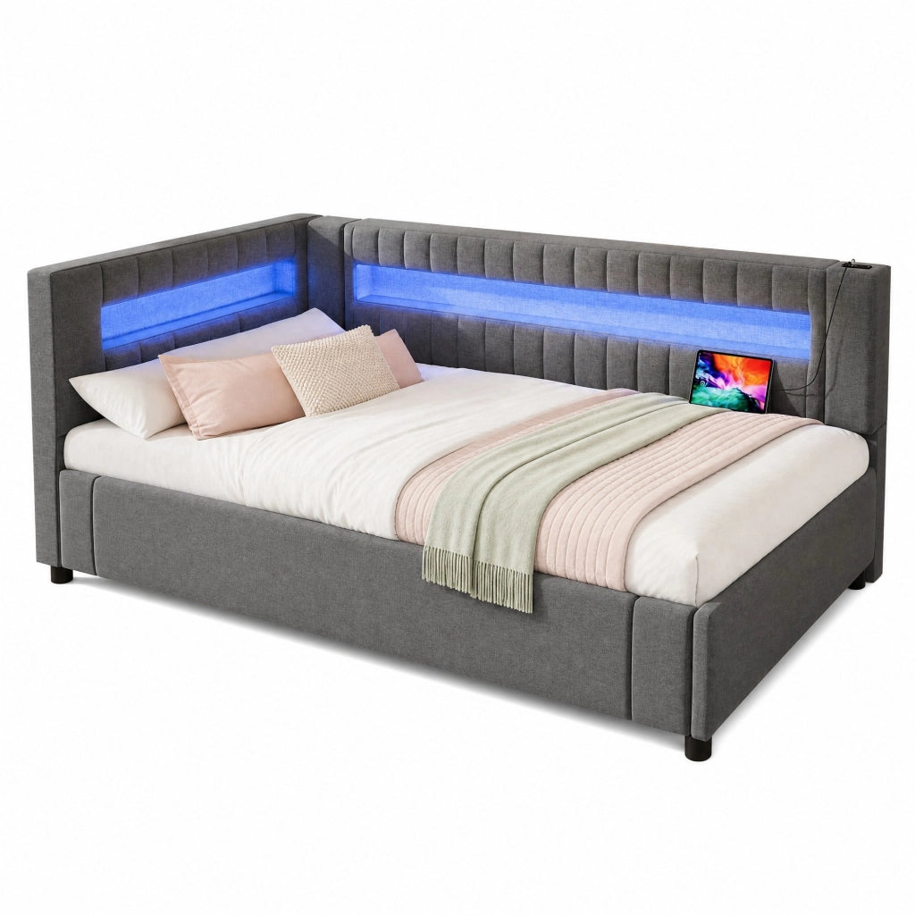 Letto daybed 90x200 cm in lino grigio con LED; contenitore idraulico; USB e Type-C