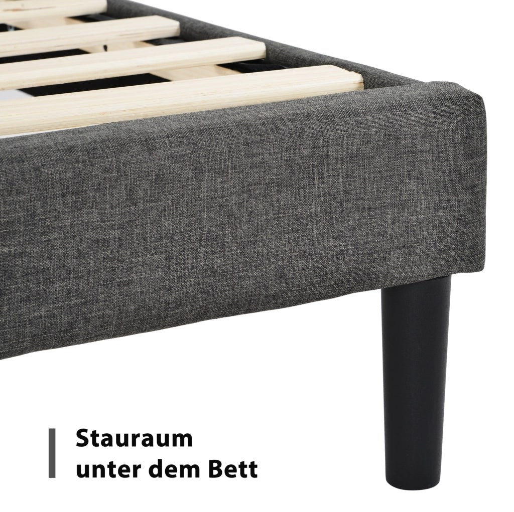 Letto imbottito 90x200 cm con testiera; rete a doghe e rivestimento in lino grigio