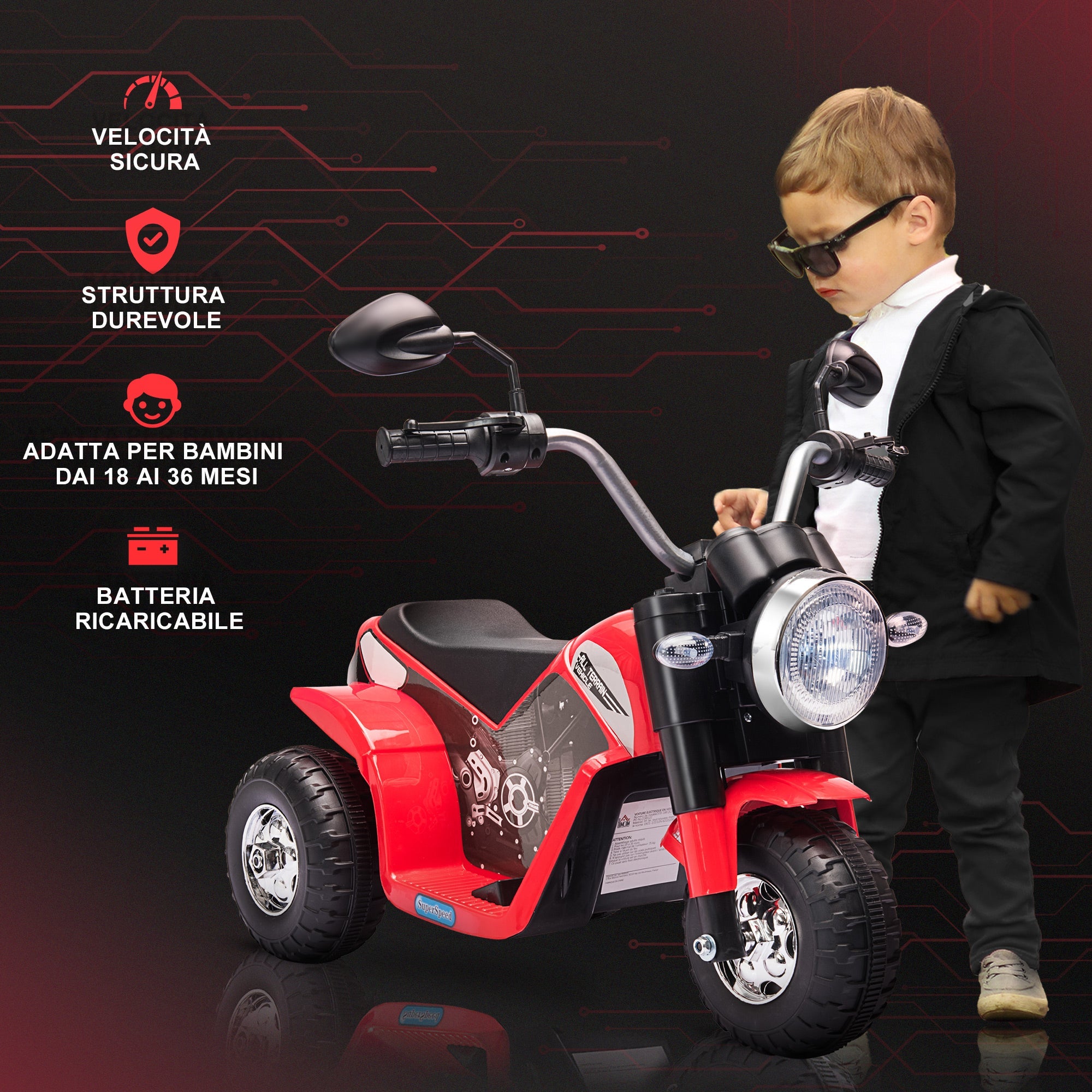 Moto Elettrica per Bambini 6V 3 Ruote Rossa