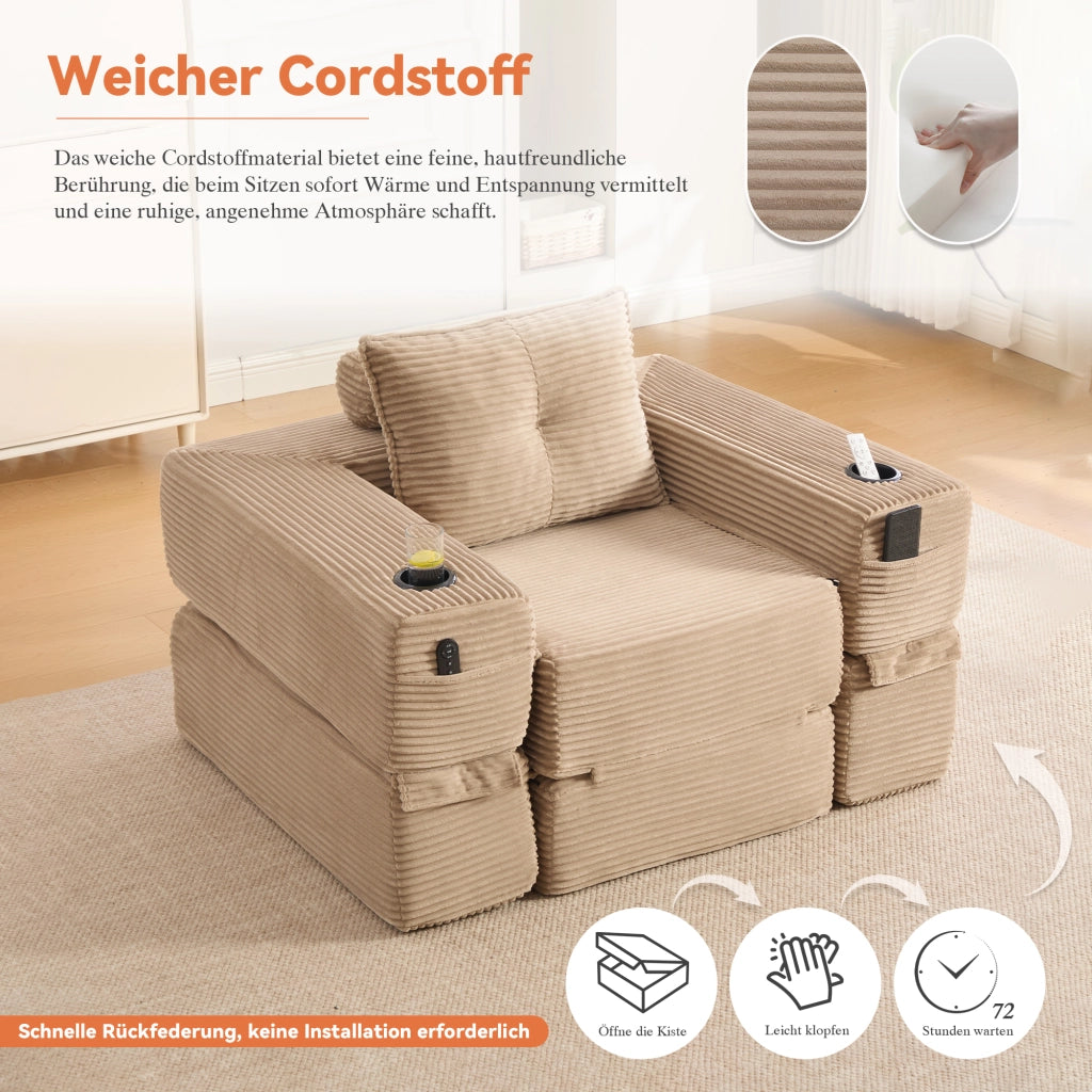 Divano letto in velluto a coste con cuscini in memory foam, tasche laterali e portabicchieri, kaki 122 × 98 × 80 cm
