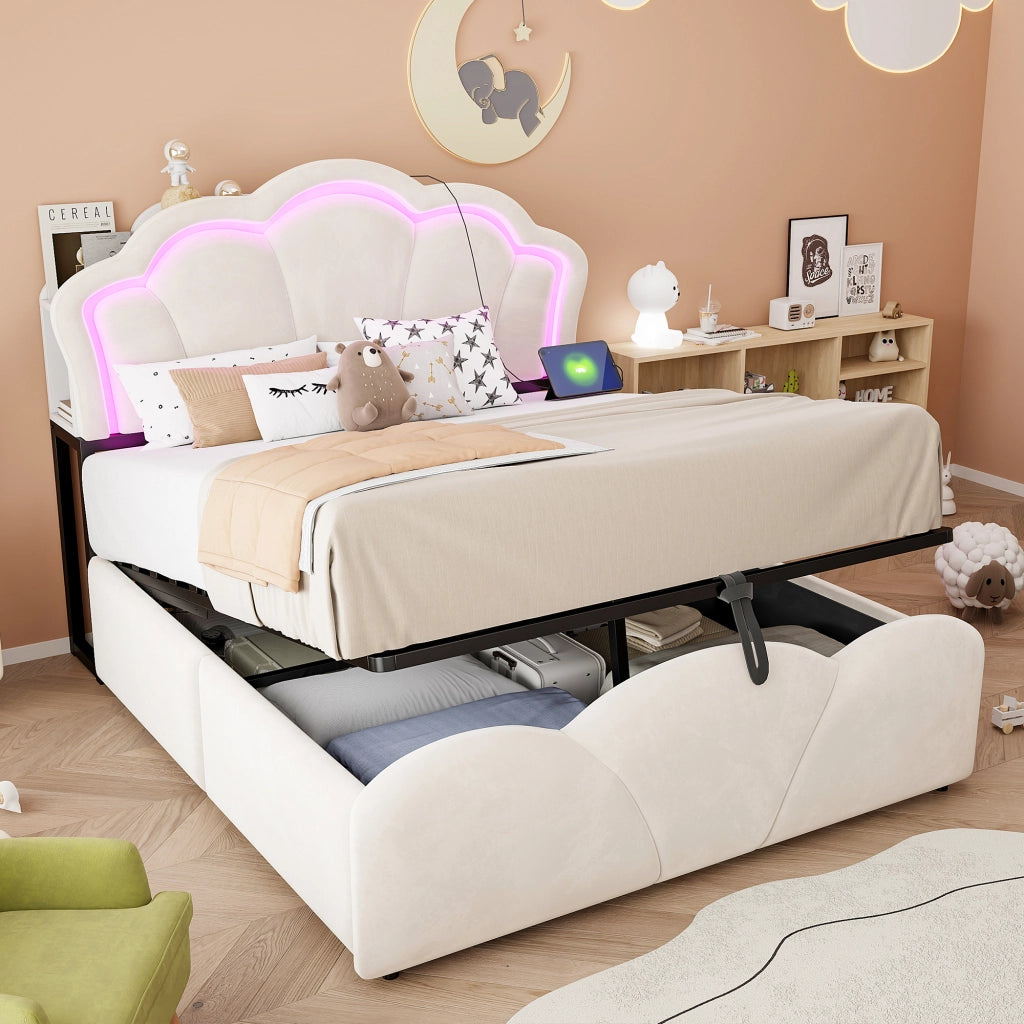 LETTO Contenitore 140x200 cm Beige in Velluto con LED e prese integrate