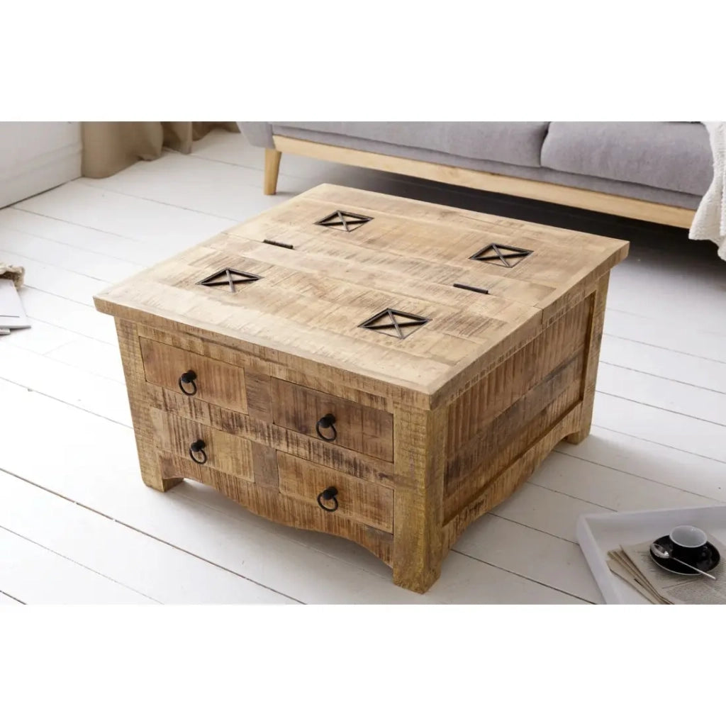 Tavolino quadrato LODEN 70 cm in legno massiccio di mango con cassapanca e 4 cassetti - stile industriale