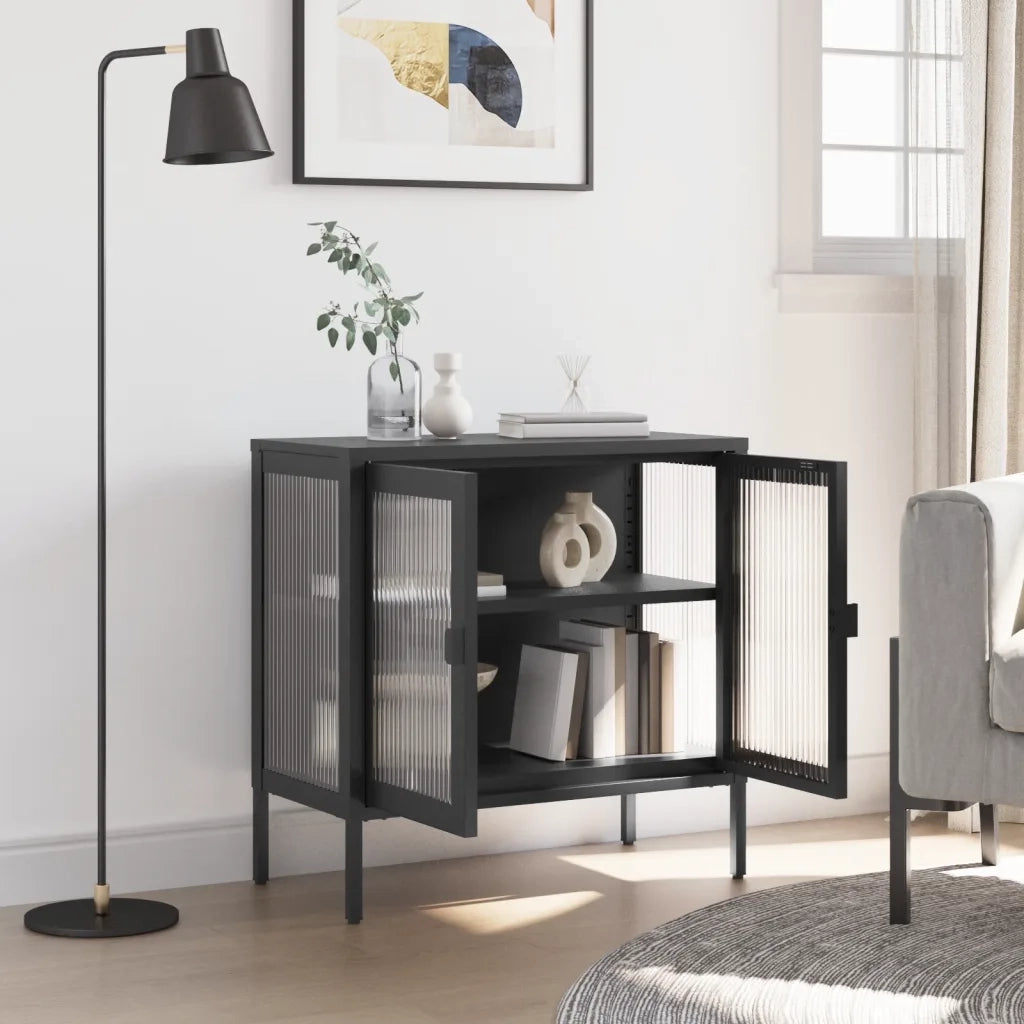 Credenza | Madia | Buffet da pranzo | Armadio da pranzo Nera 70x35x70 cm Vetro e Acciaio