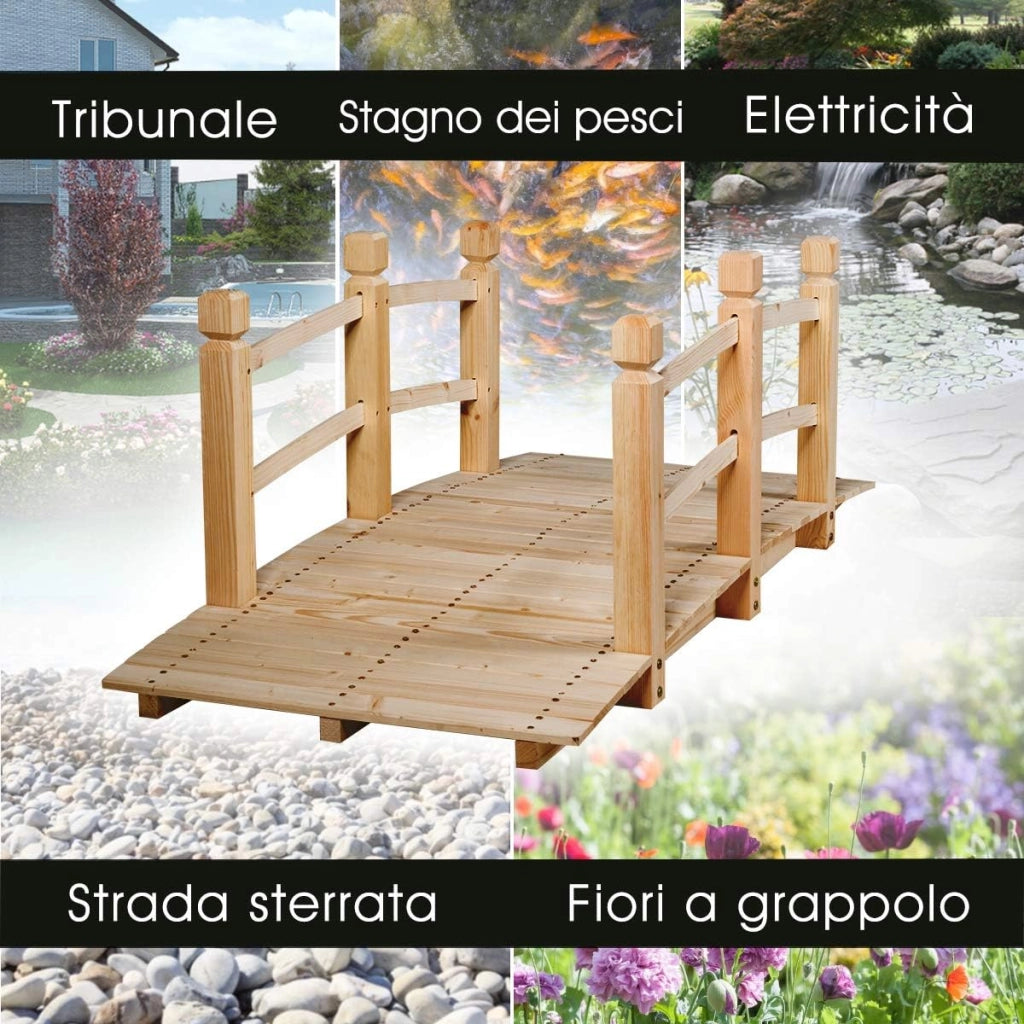 Ponte in Legno per Giardino, Ponte Decorativo con Ringhiera, 150 x 67 x 55cm (Legno Chiaro)