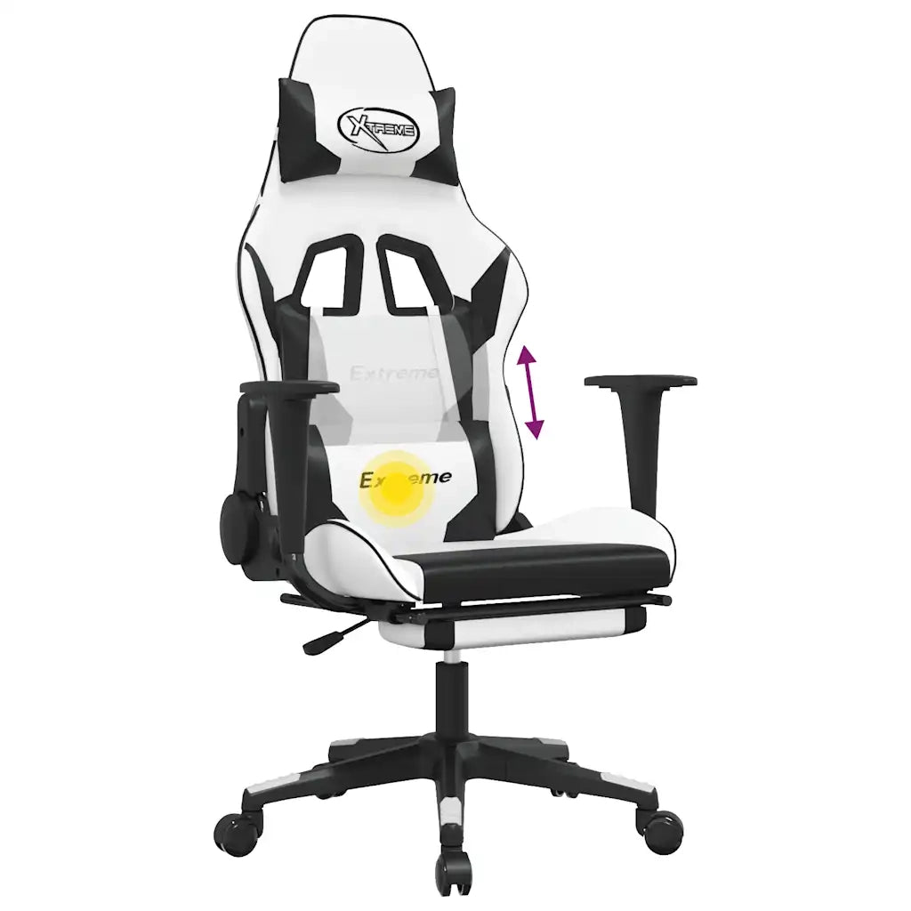 Sedia da Gaming | Sedia da e-sports Massaggio Poggiapiedi Bianco e Nero Similpelle