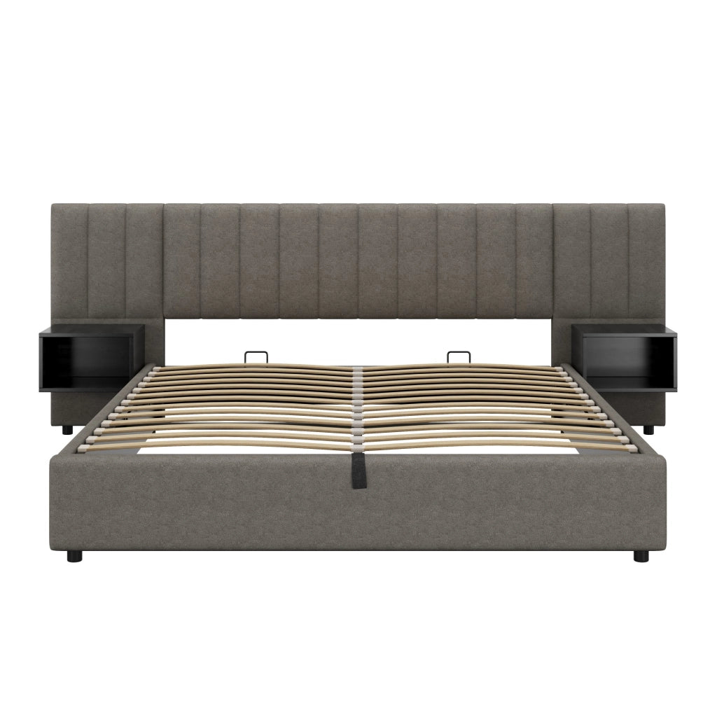 Letto Matrimoniale 180x200 cm; Letto Contenitore con 2 Comodini; in Lino; Grigio Nero