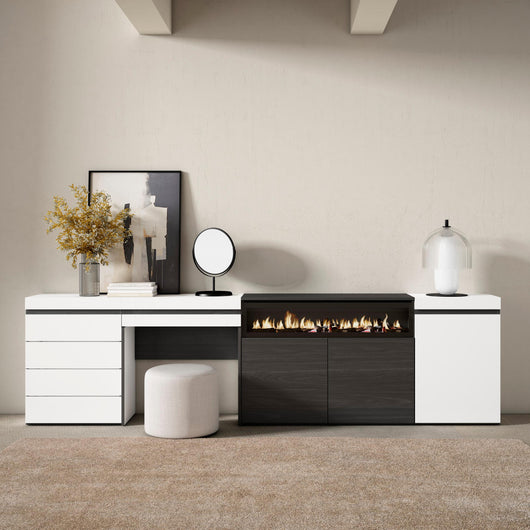 Credenza, 277x35x75cm, Camera da letto, Camino elettrico, Cassettiera, Tavolo da toeletta, Bianco RF3405