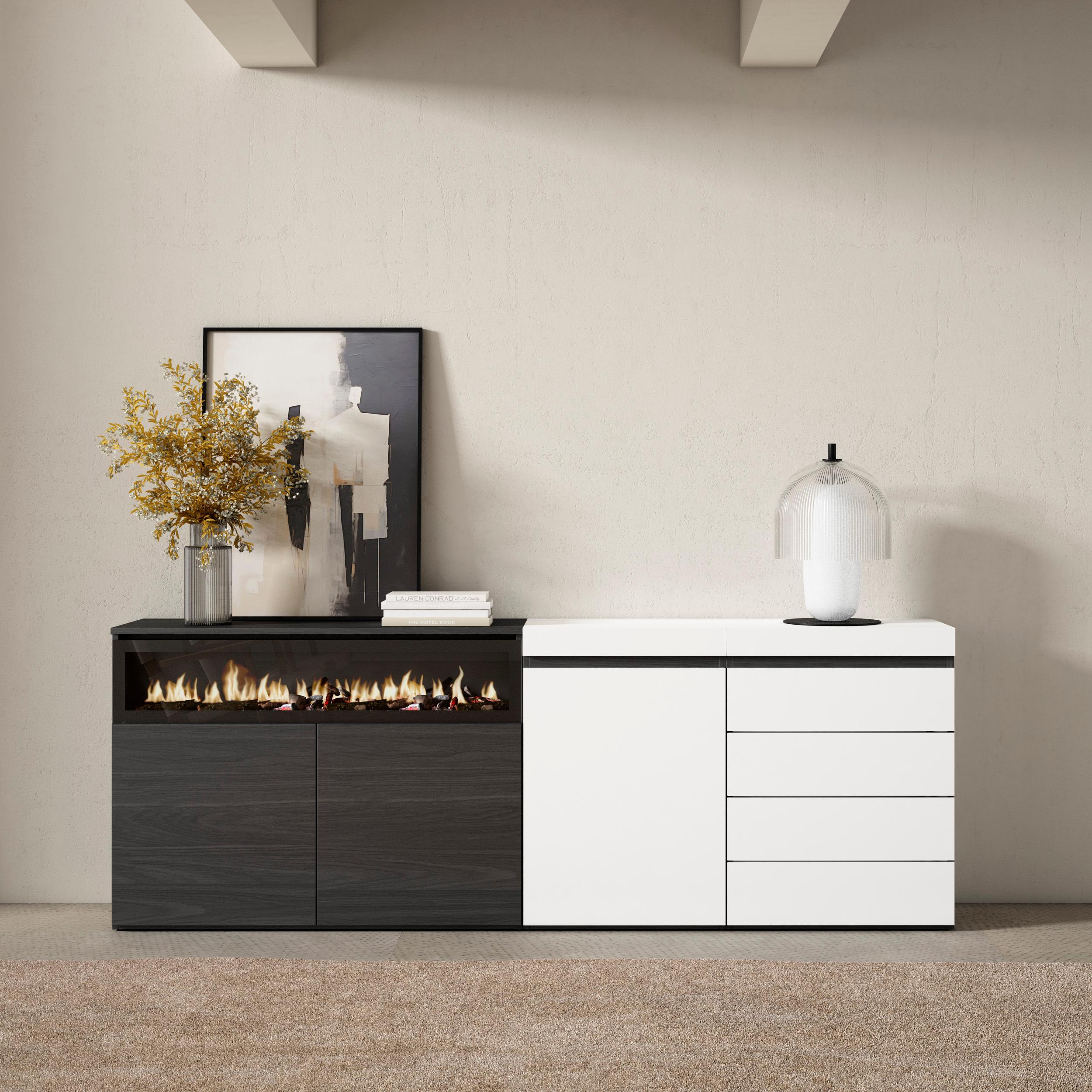 Credenza, 207x35x75cm, Camera da letto, Camino elettrico, Cassettiera, Bianco RF3404