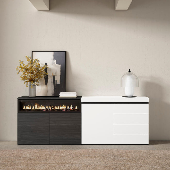 Credenza, 207x35x75cm, Camera da letto, Camino elettrico, Cassettiera, Bianco RF3404