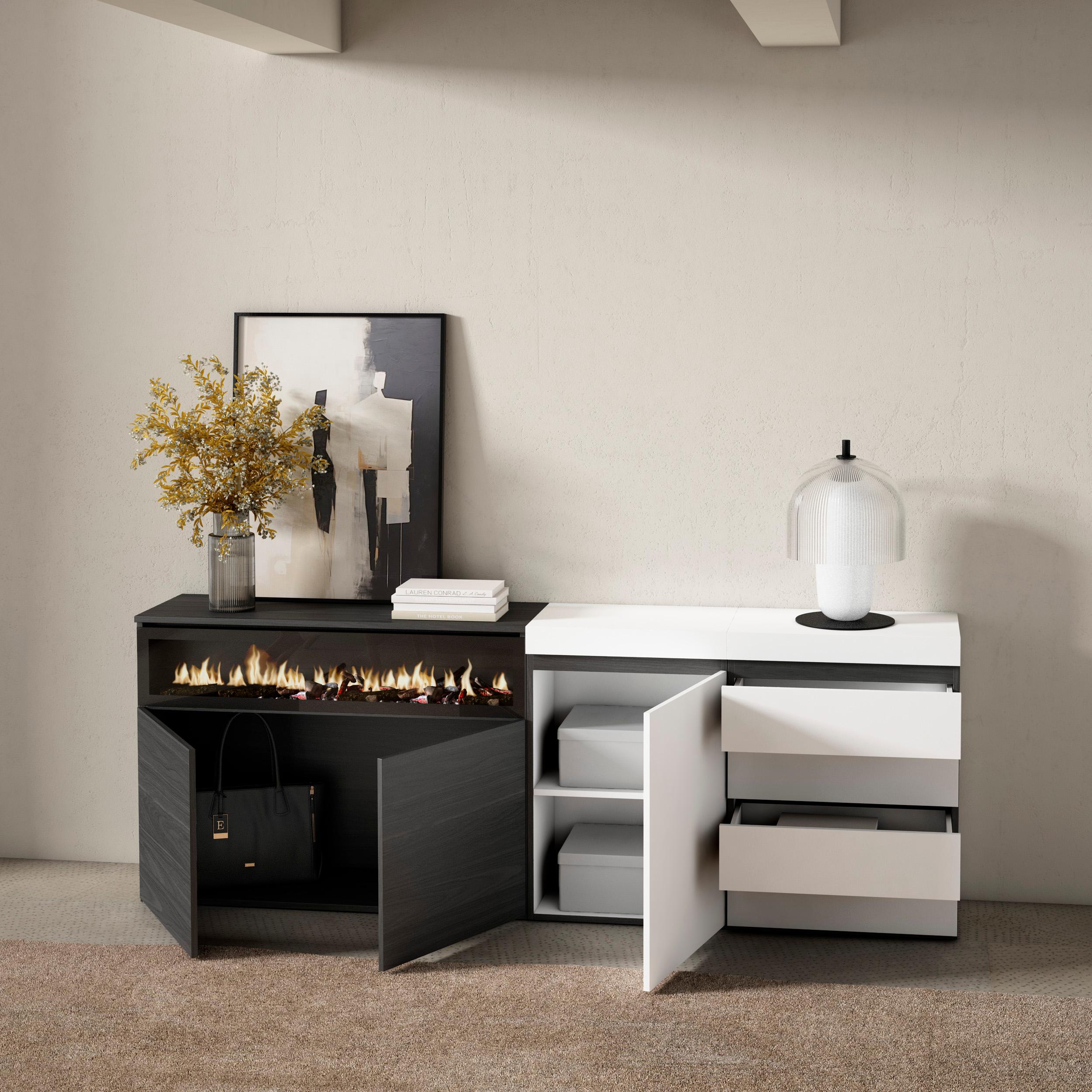 Credenza, 207x35x75cm, Camera da letto, Camino elettrico, Cassettiera, Bianco RF3404