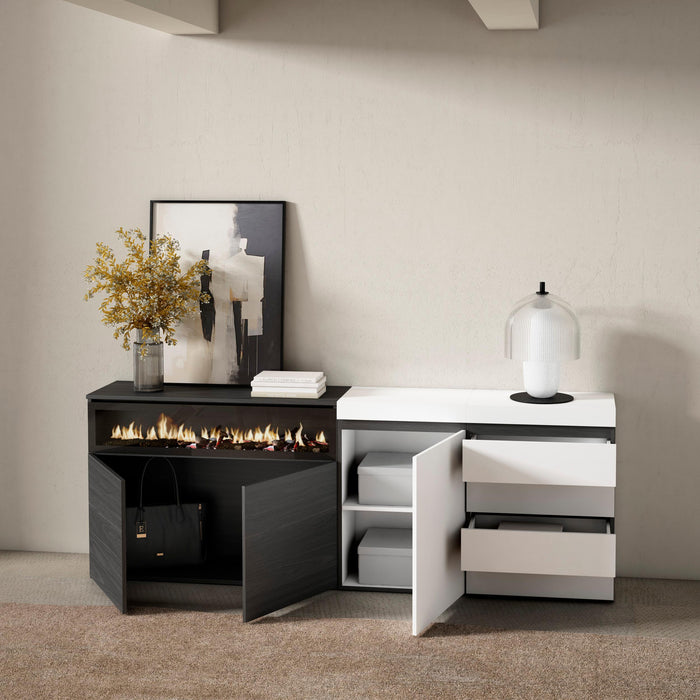 Credenza, 207x35x75cm, Camera da letto, Camino elettrico, Cassettiera, Bianco RF3404