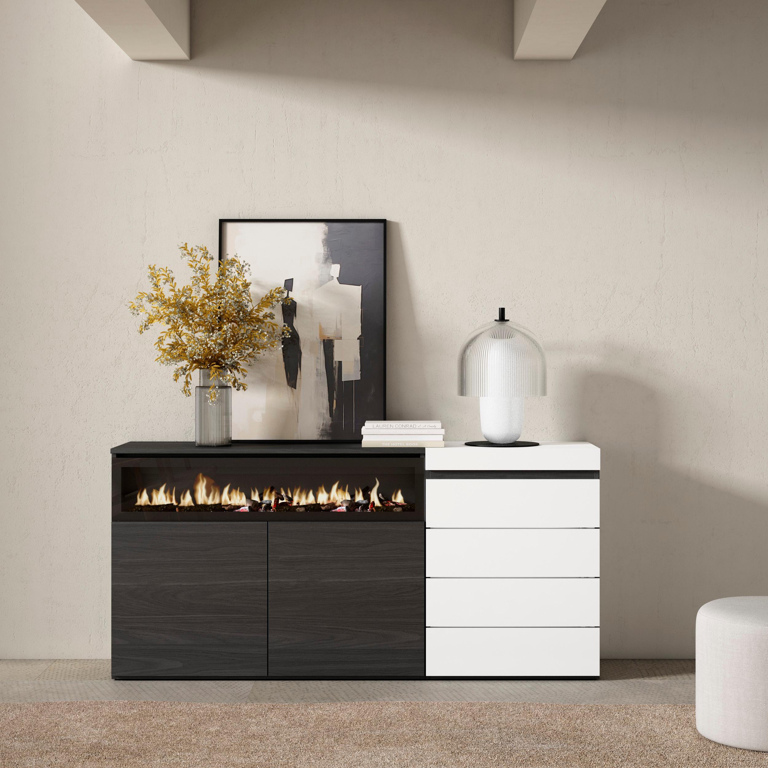 Credenza, 157x35x75cm, Camera da letto, Camino elettrico, Cassettiera, Bianco RF3402