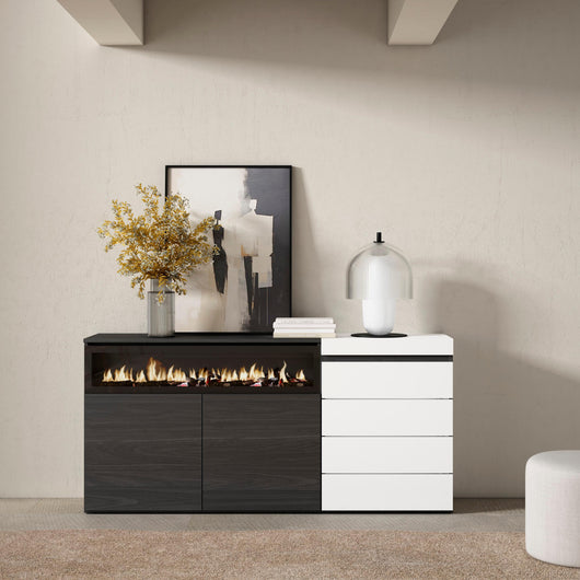 Credenza, 157x35x75cm, Camera da letto, Camino elettrico, Cassettiera, Bianco RF3402