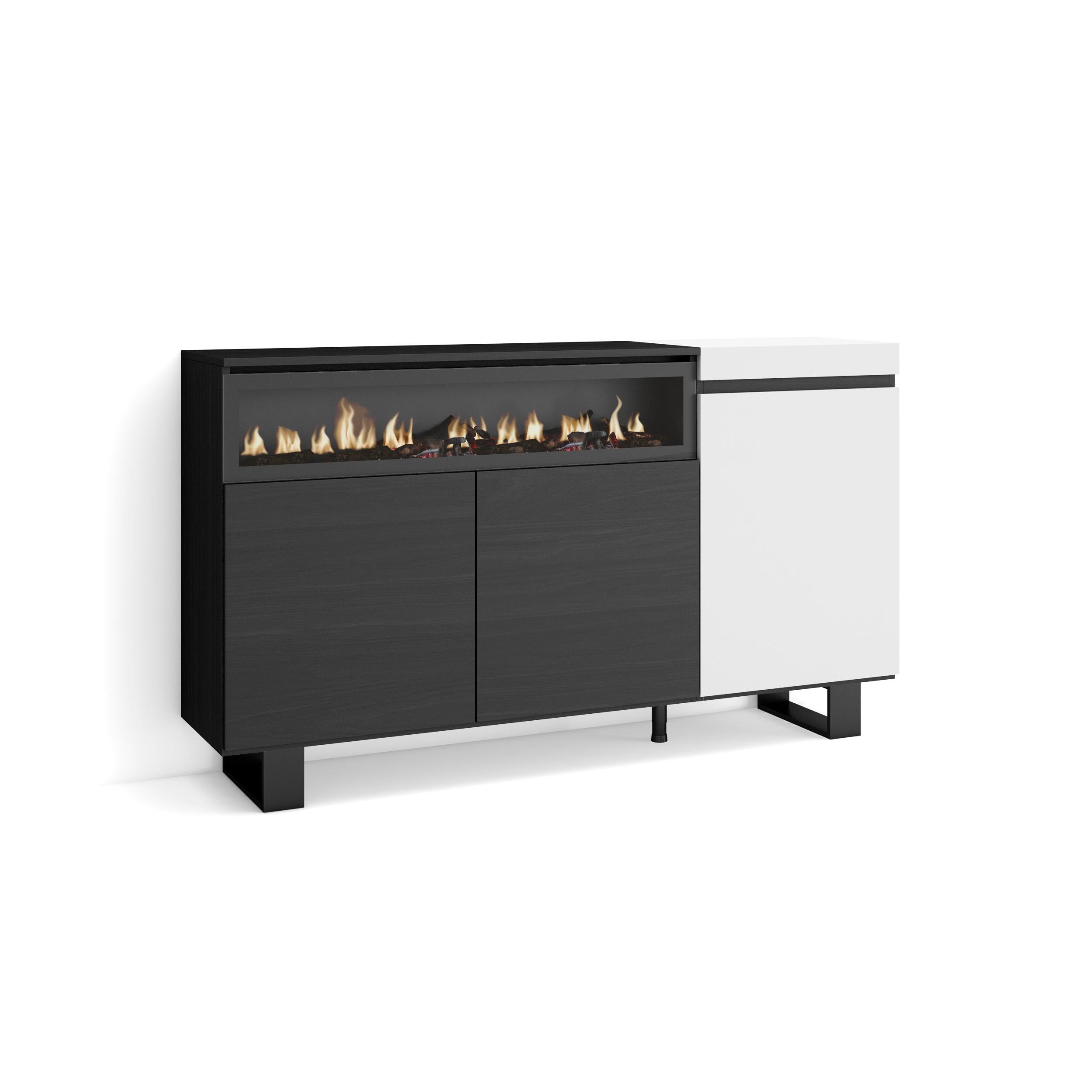 Credenza, Mobile, 150x35x87cm, 3 Porte, Camino elettrico, Design industriale, Bianco e nero RF2503