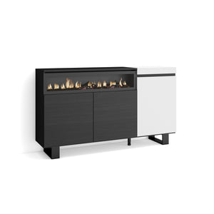 Credenza, Mobile, 150x35x87cm, 3 Porte, Camino elettrico, Design industriale, Bianco e nero RF2503