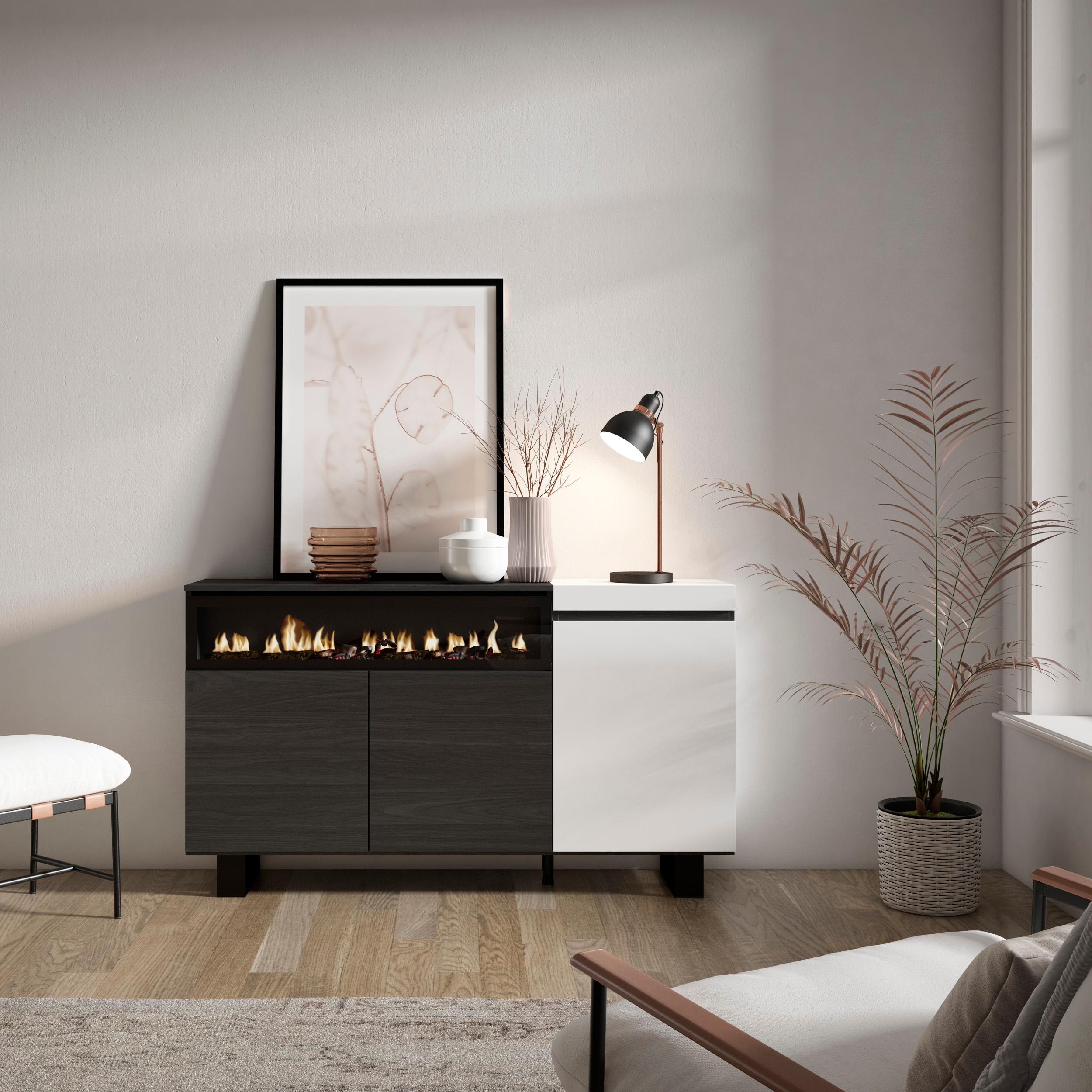 Credenza, Mobile, 150x35x87cm, 3 Porte, Camino elettrico, Design industriale, Bianco e nero RF2503