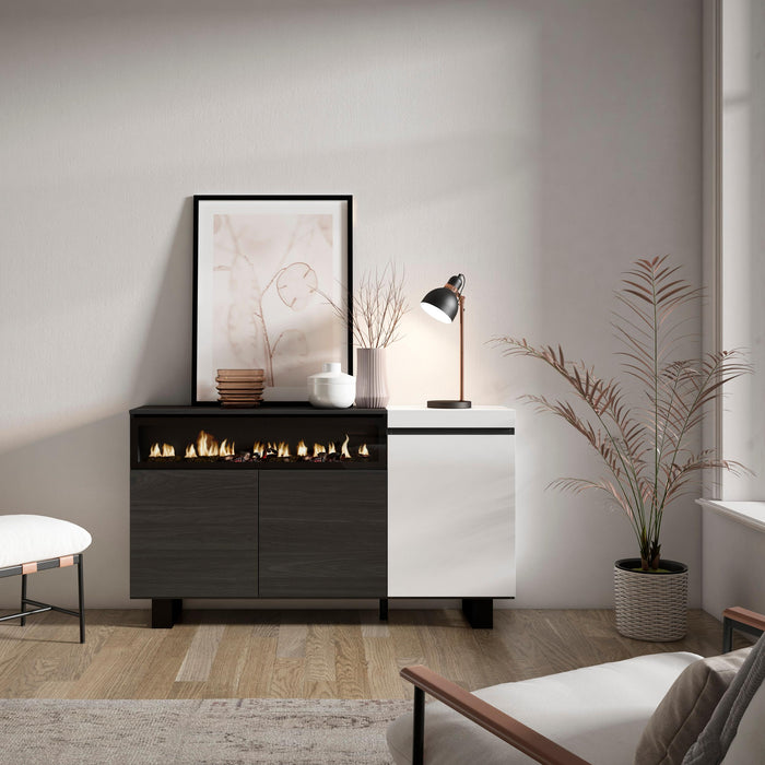 Credenza, Mobile, 150x35x87cm, 3 Porte, Camino elettrico, Design industriale, Bianco e nero RF2503