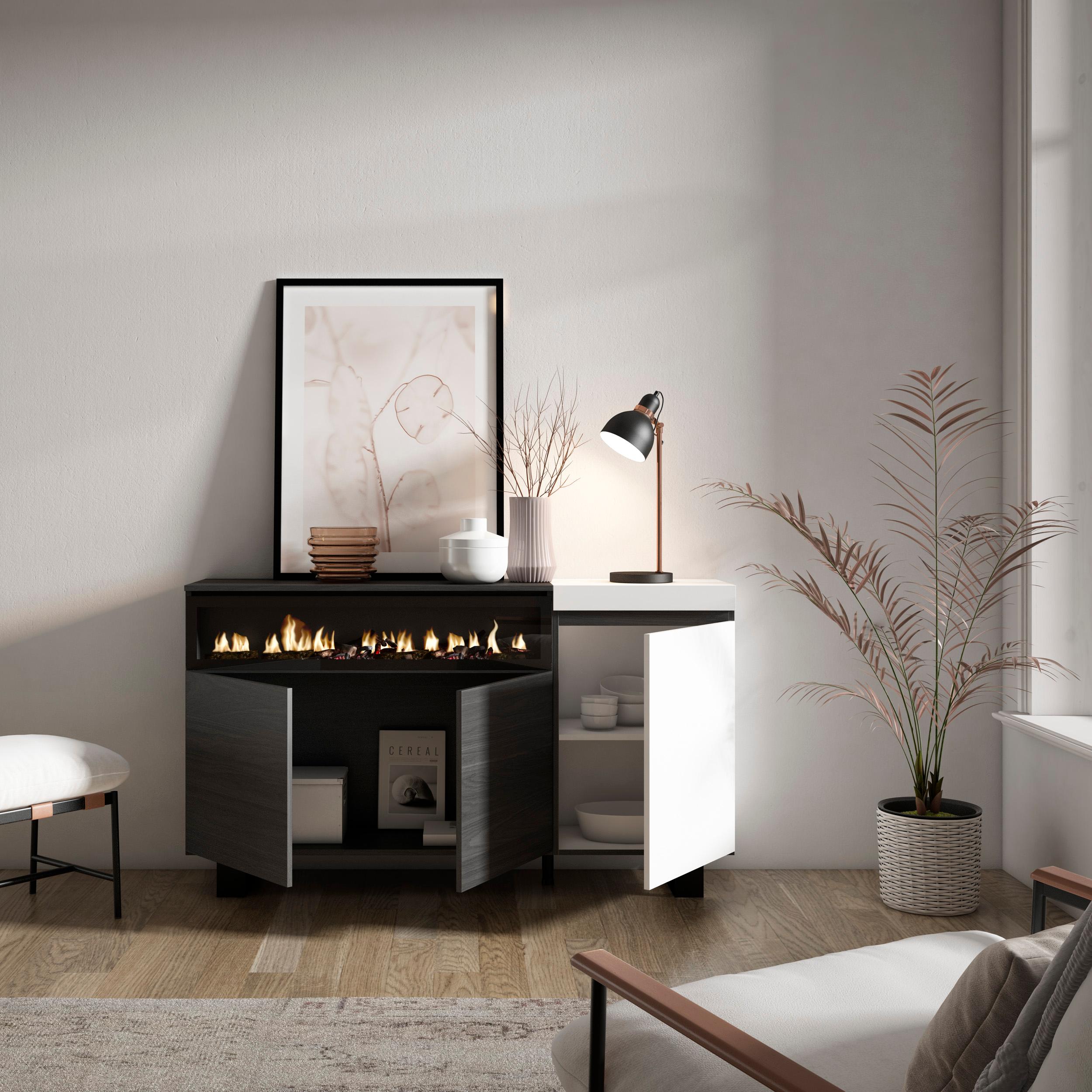 Credenza, Mobile, 150x35x87cm, 3 Porte, Camino elettrico, Design industriale, Bianco e nero RF2503