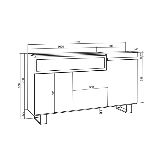 Credenza, Mobile, 150x35x87cm, 3 Porte, Camino elettrico, Design industriale, Bianco e nero RF2503