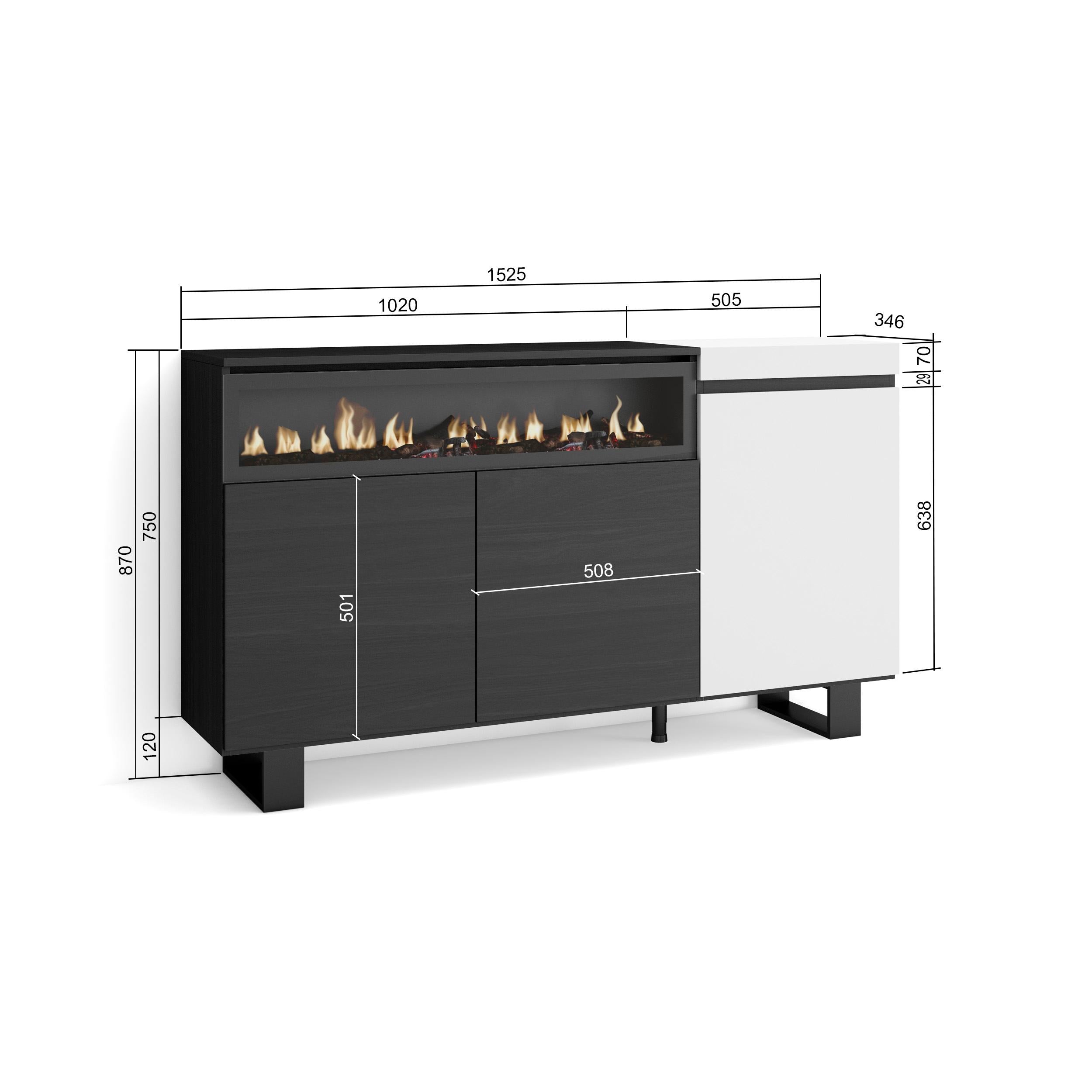 Credenza, Mobile, 150x35x87cm, 3 Porte, Camino elettrico, Design industriale, Bianco e nero RF2503