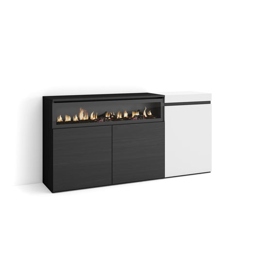 Credenza, Mobile, 150x35x75cm, 3 Porte, Camino elettrico, Bianco e nero RF2502