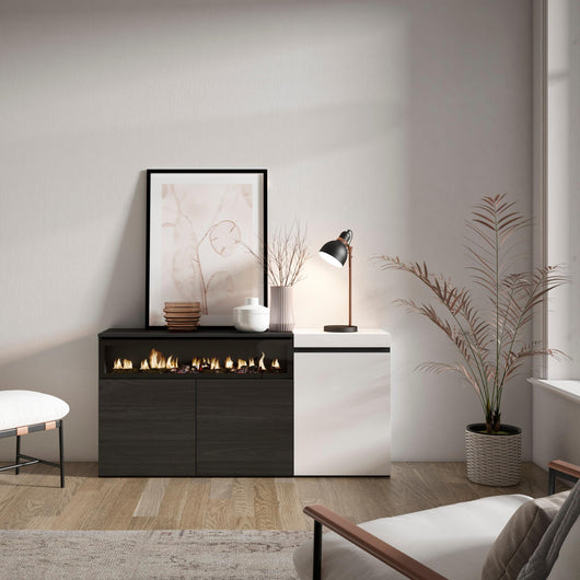 Credenza, Mobile, 150x35x75cm, 3 Porte, Camino elettrico, Bianco e nero RF2502