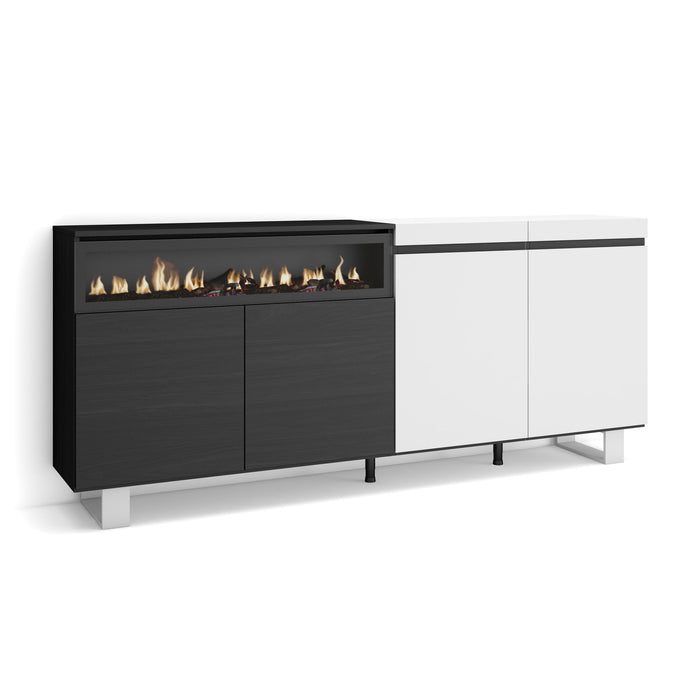 Credenza, Mobile, 200x35x87cm, 4 Porte, Camino elettrico, Design industriale, Bianco e nero RF2402