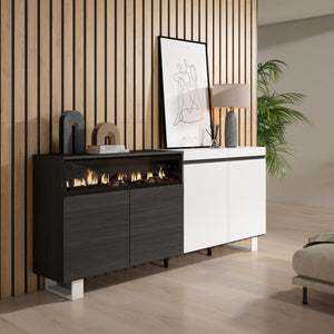 Credenza, Mobile, 200x35x87cm, 4 Porte, Camino elettrico, Design industriale, Bianco e nero RF2402