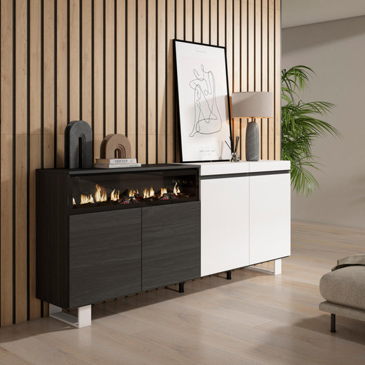 Credenza, Mobile, 200x35x87cm, 4 Porte, Camino elettrico, Design industriale, Bianco e nero RF2402