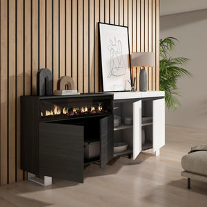 Credenza, Mobile, 200x35x87cm, 4 Porte, Camino elettrico, Design industriale, Bianco e nero RF2402