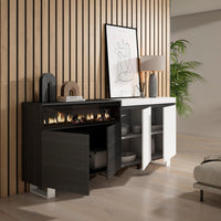 Credenza, Mobile, 200x35x87cm, 4 Porte, Camino elettrico, Design industriale, Bianco e nero RF2402