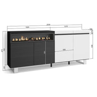 Credenza, Mobile, 200x35x87cm, 4 Porte, Camino elettrico, Design industriale, Bianco e nero RF2402