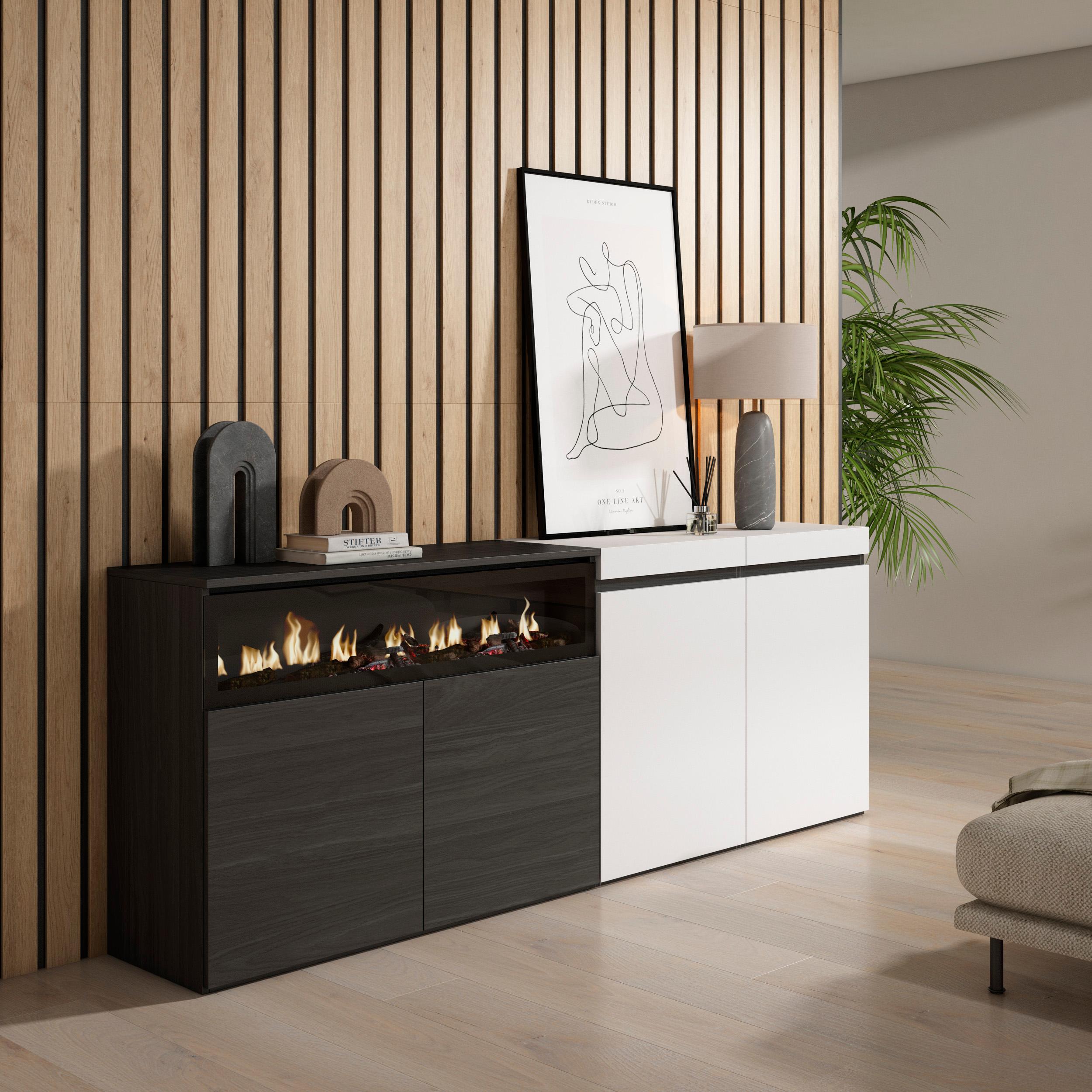 Credenza, Mobile, 200x35x75cm, 4 Porte, Camino elettrico, Bianco e nero RF2393