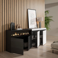 Credenza, Mobile, 200x35x75cm, 4 Porte, Camino elettrico, Bianco e nero RF2401
