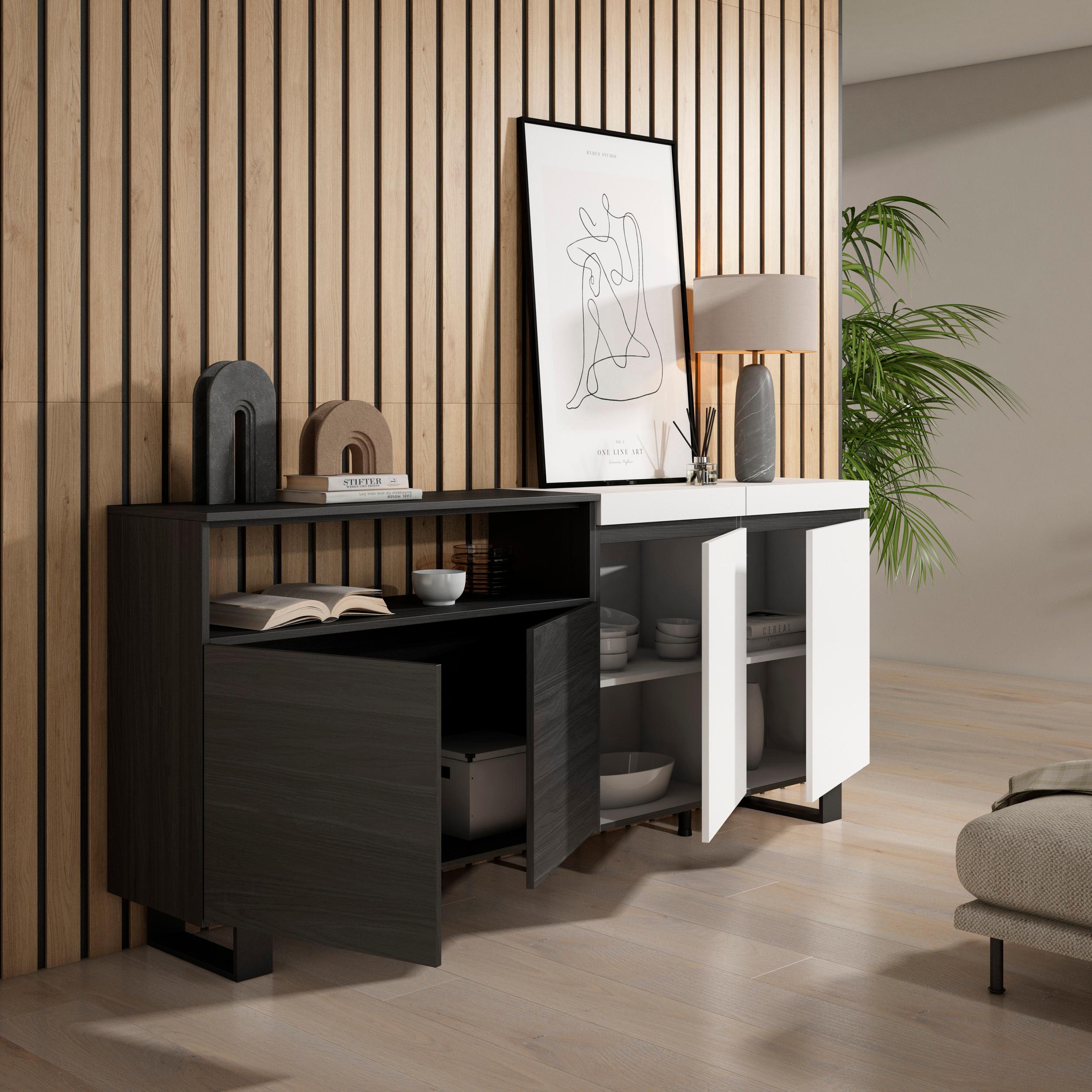 Credenza, Mobile, 200x35x87cm, 4 Porte, Design industriale, Bianco e nero RF2392