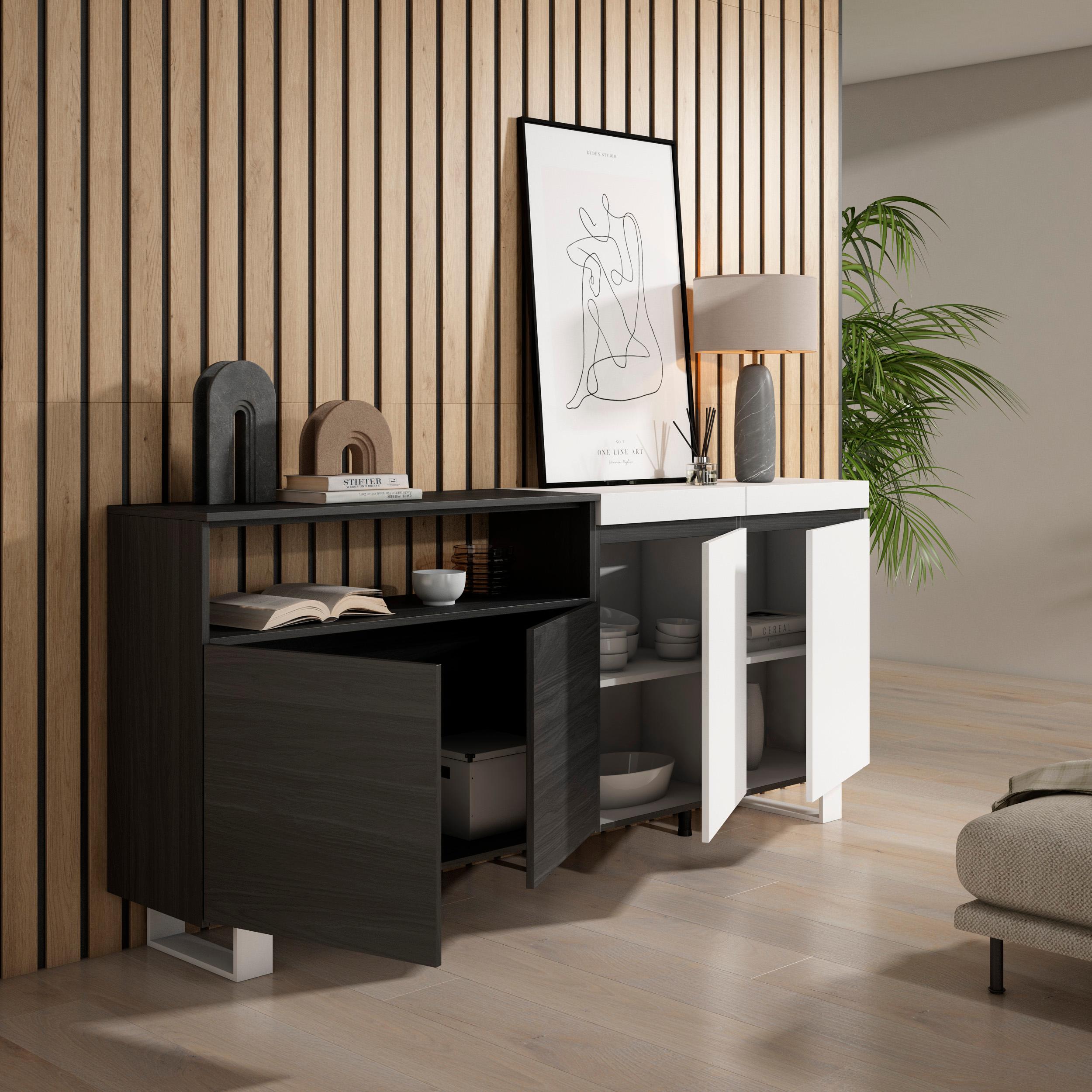 Credenza, Mobile, 200x35x87cm, 4 Porte, Design industriale, Bianco e nero RF2400